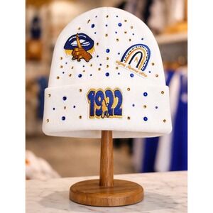 Sigma Gamma Rho Beanie White design with logo's Gold and blue rhinestones (NWT)